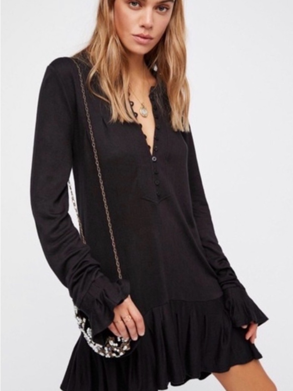Free People Black Lightweight Henley Ruffled Mini Dress Ruffle Cuff size M Comfy